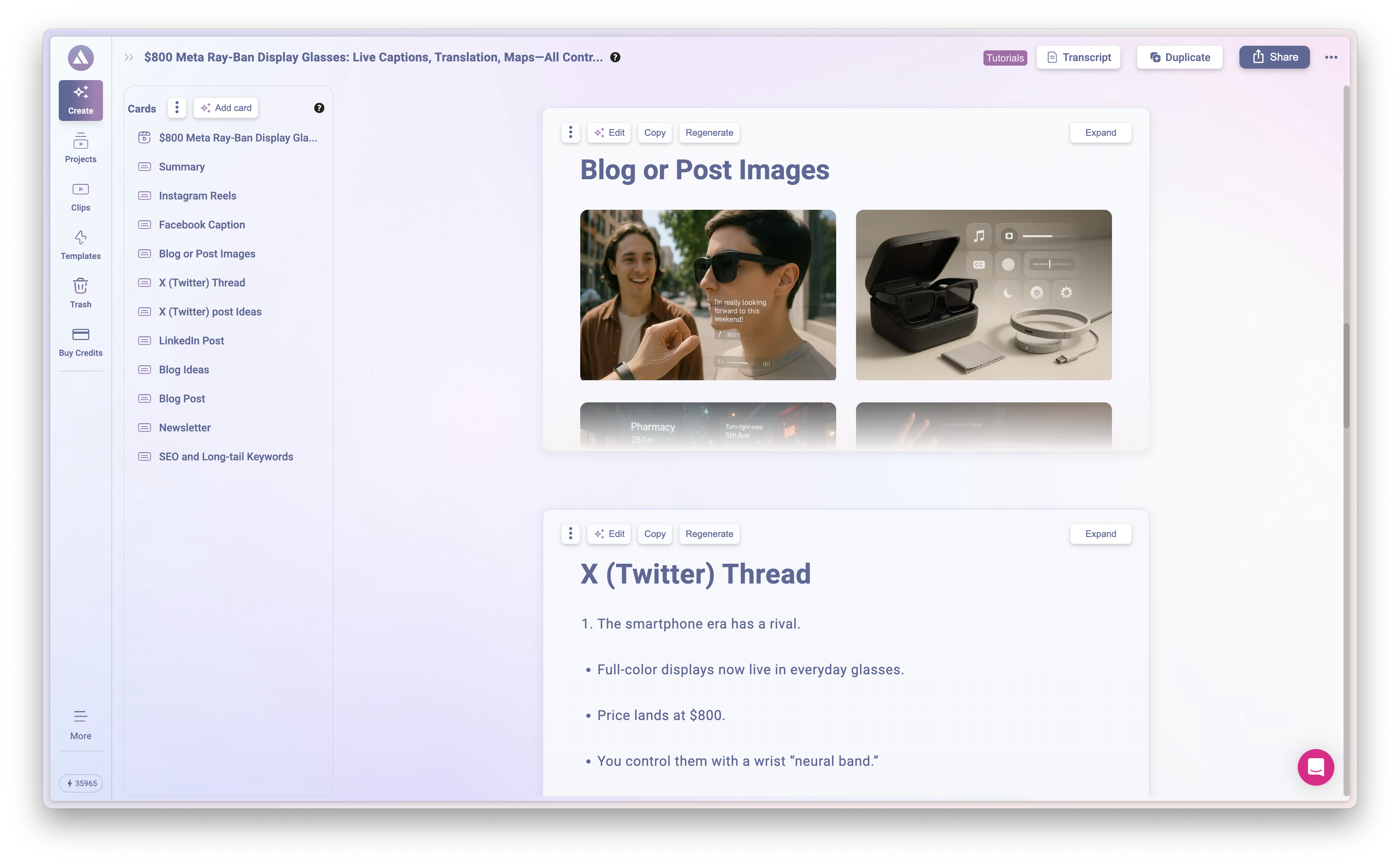 Visuals Blog or Post Images card showing AI-generated product images and X Thread content