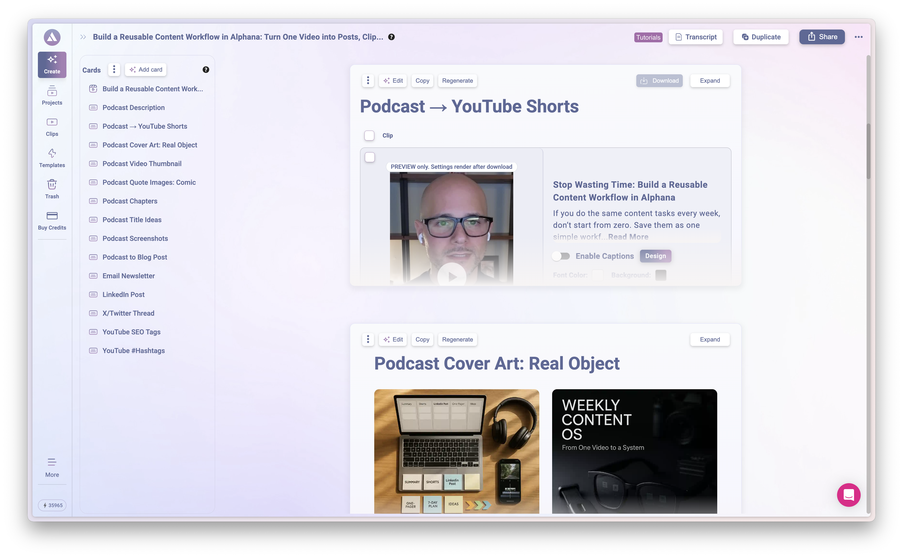 Visuals Podcast to YouTube Shorts workflow with video preview and Podcast Cover Art options