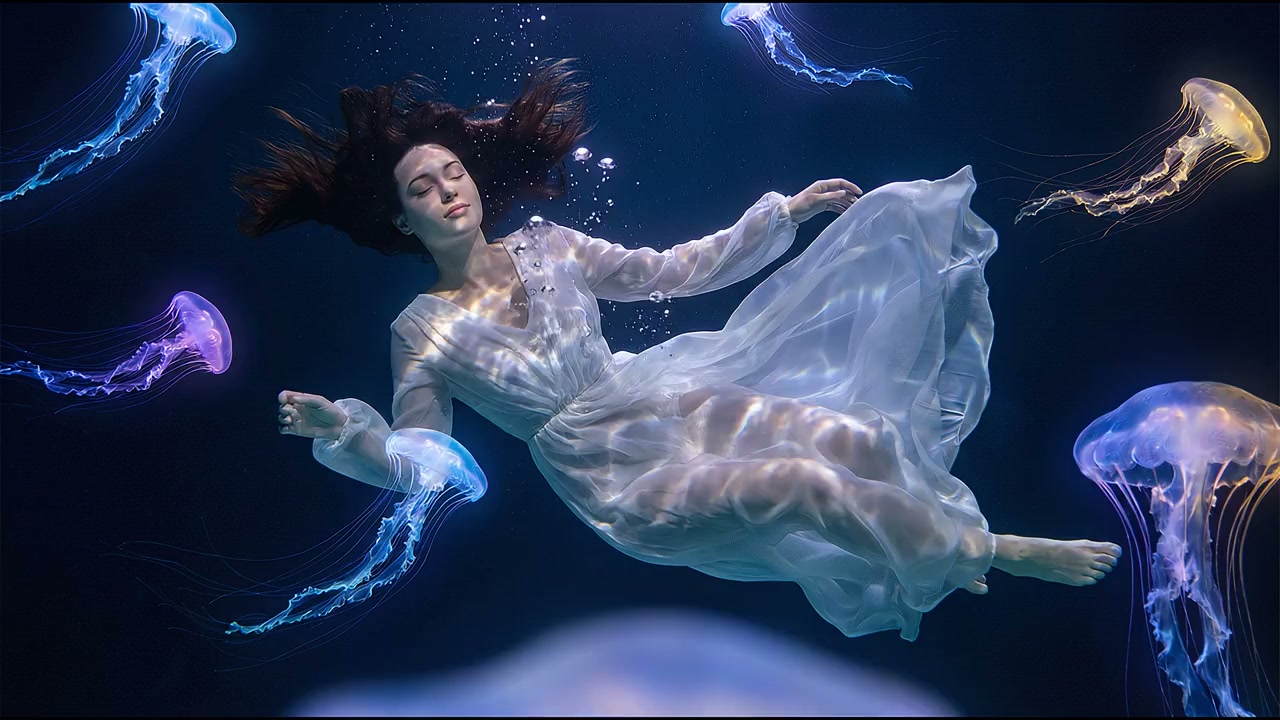 A woman suspended in deep blue water as luminous jellyfish drift around her