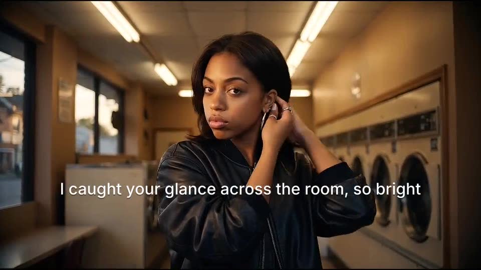 A cinematic lyric-video scene following a woman through a city
